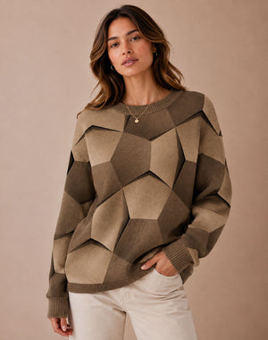 DECERLE Geometric Print Knit Long Sleeve Sweater styled with neutral trousers