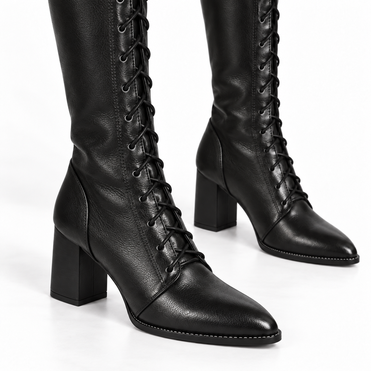 Women's Knee-High Lace-Up Boots — Faux Leather Block Heel 4