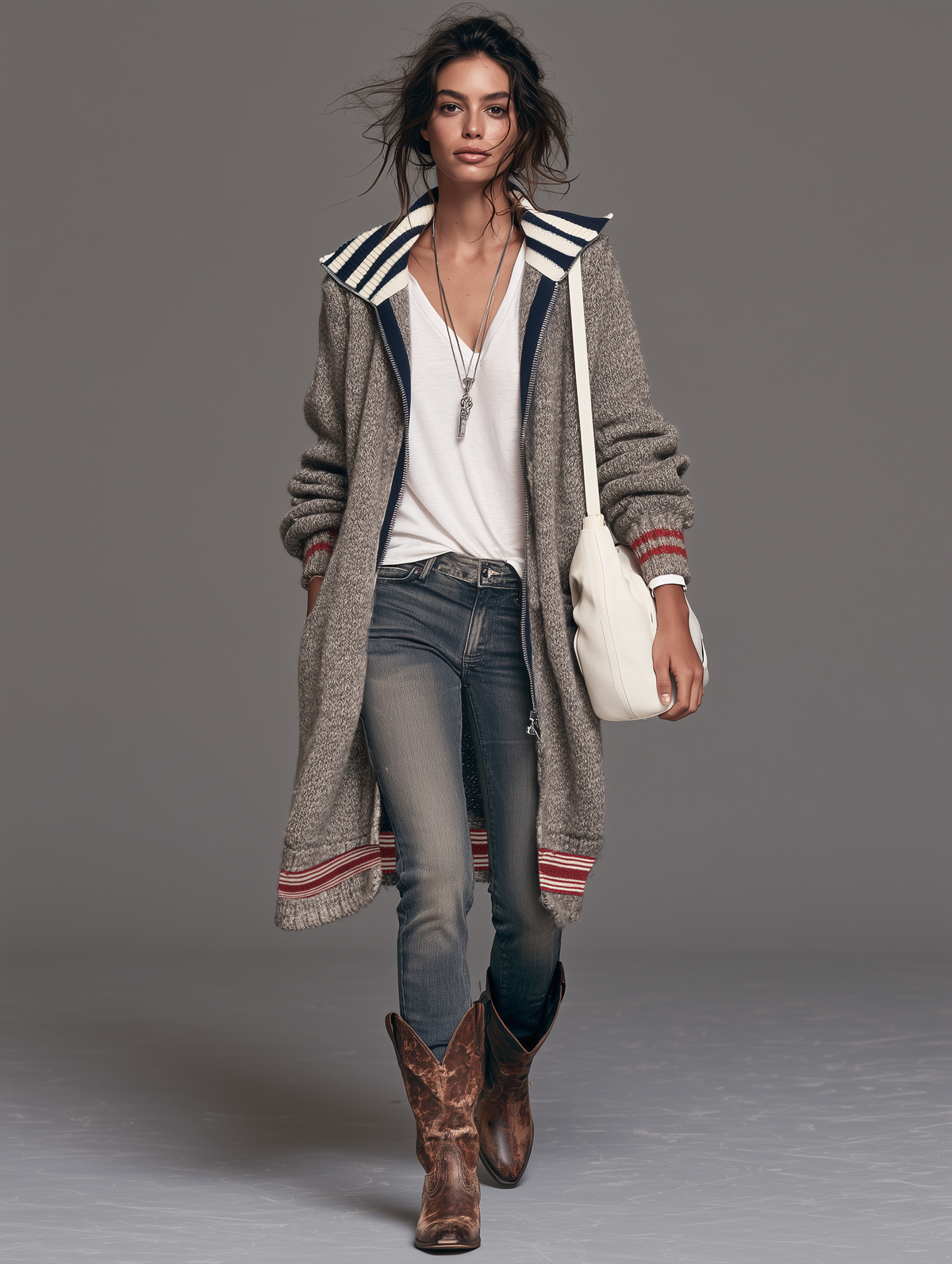 Women's Vintage Colour-Block Zip-Up Mid-Length Cardigan 19