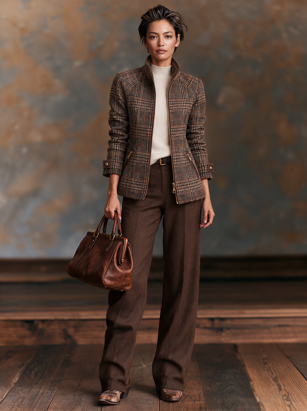 Vintage Plaid Wool-Blend Zip-Up Jacket — Stand Collar Women 6