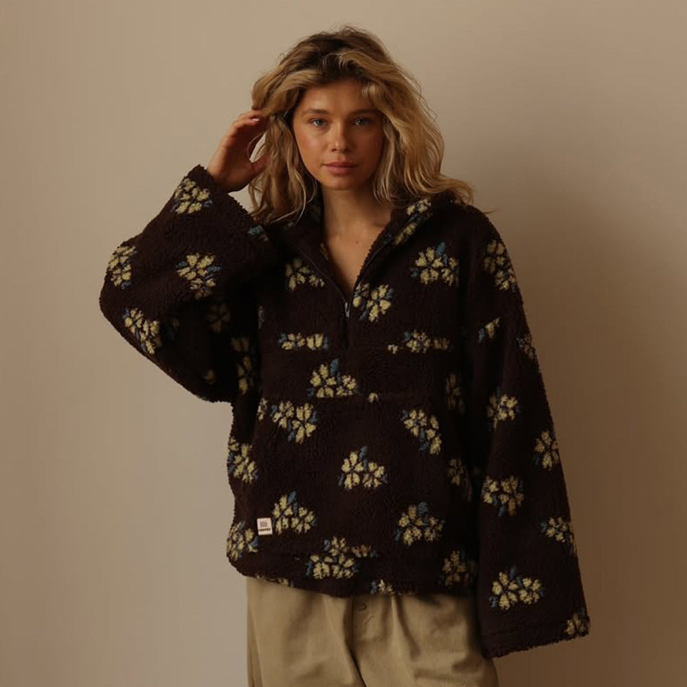 Floral Teddy Fleece Jacket — Oversized Half-Zip Sherpa Coat 9