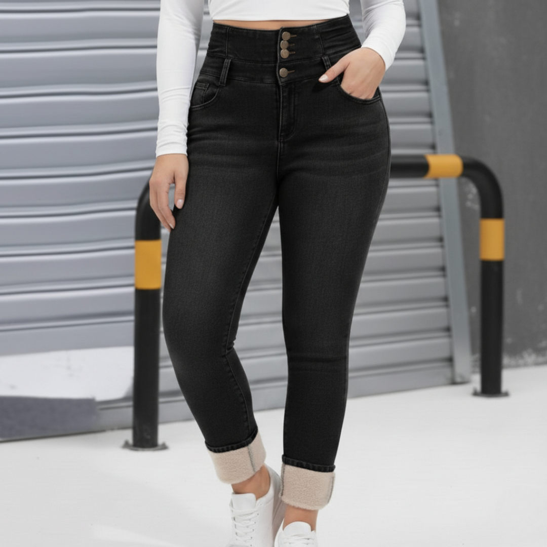 Fleece-Lined High Waist Skinny Jeans — Triple Button Closure 5