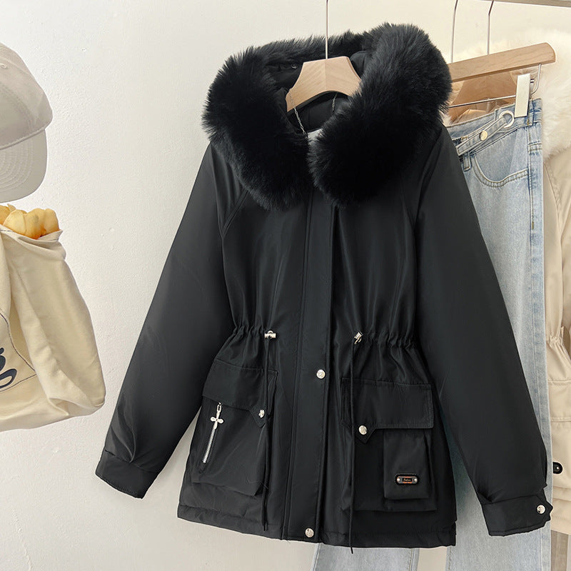 Padded Parka Jacket with Fur-Trim Hood & Cinched Waist in Black