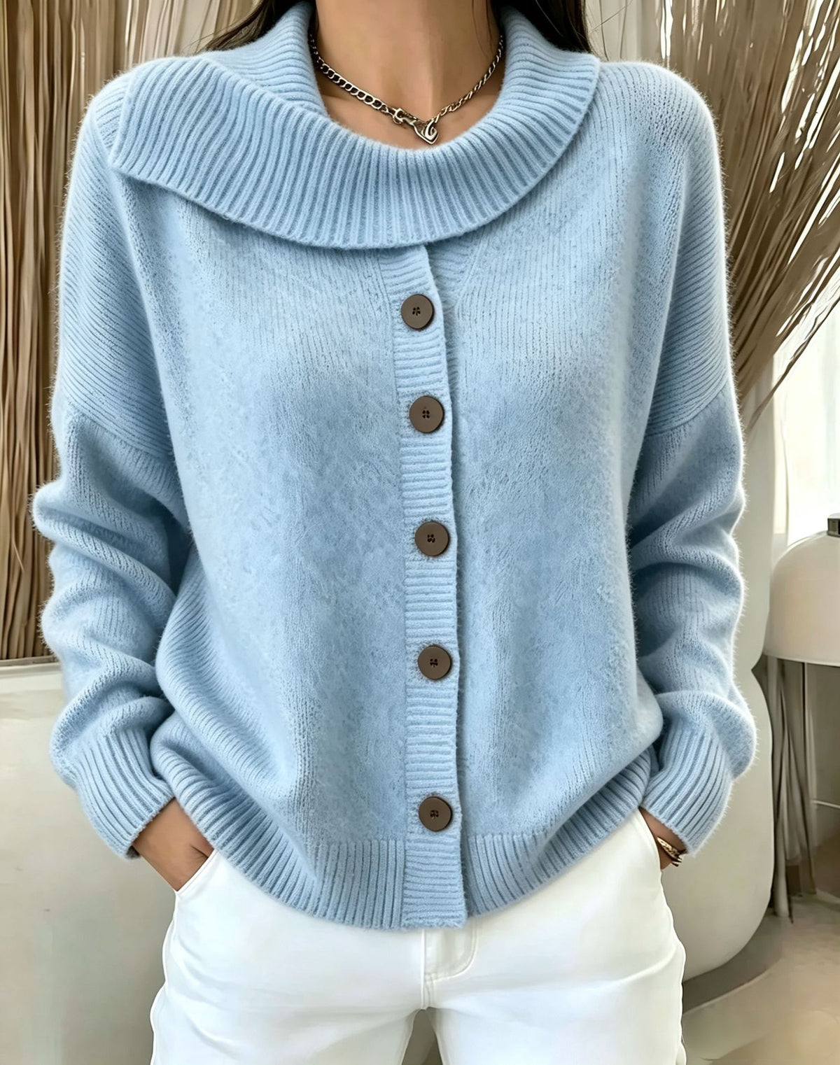 Button-Front Knit Cardigan — Irregular Lapel Collar Sweater 7