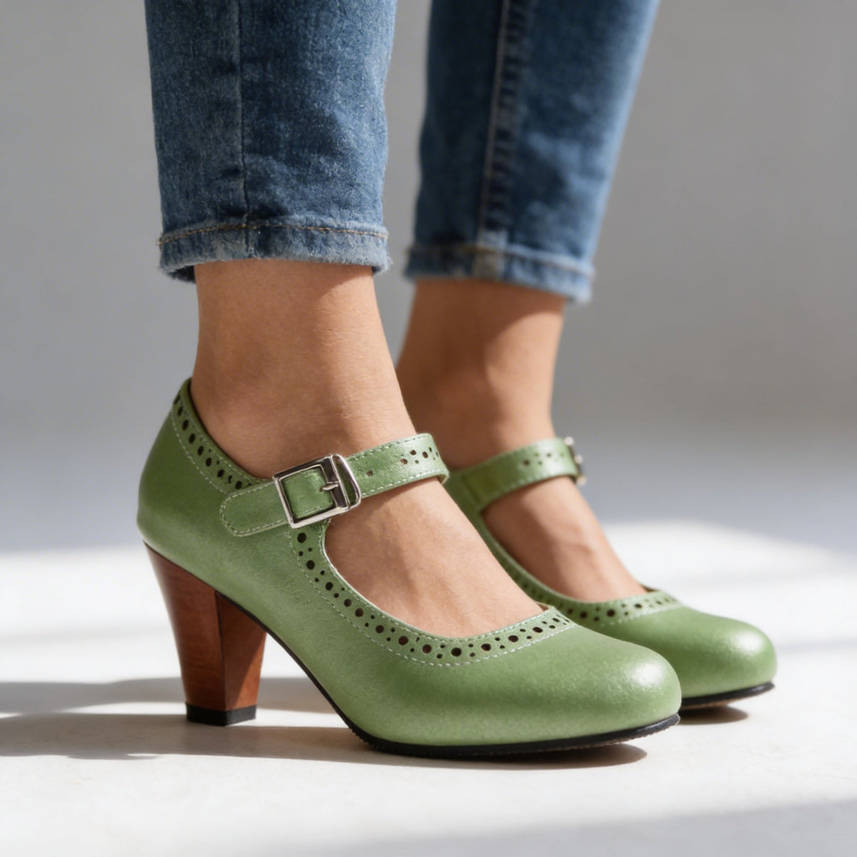 Retro Brogue Mary Jane Block Heels — Buckle Ankle Strap 10