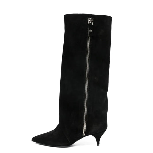 Kitten Heel Knee-High Boots — Pointed Toe Suede & Faux Leather 2