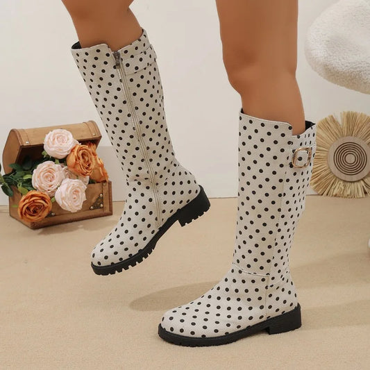 Women's Polka Dot Knee-High Boots — Buckle & Side Zip 2