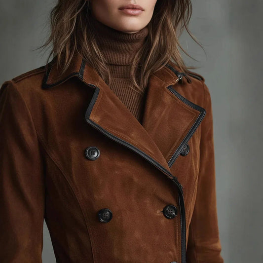 Faux Suede Trench Coat — Long A-Line Double Breasted Women 2