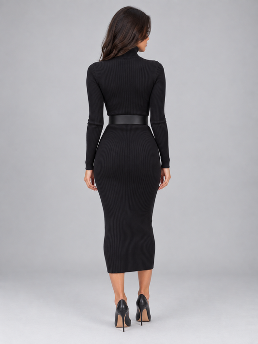 Women's Ribbed Knit Midi Dress — Roll Neck & Belted Stretch Fit 2