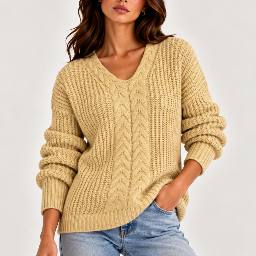 Cable Knit V-Neck Sweater — Women's Long Sleeve Knit Jumper 7
