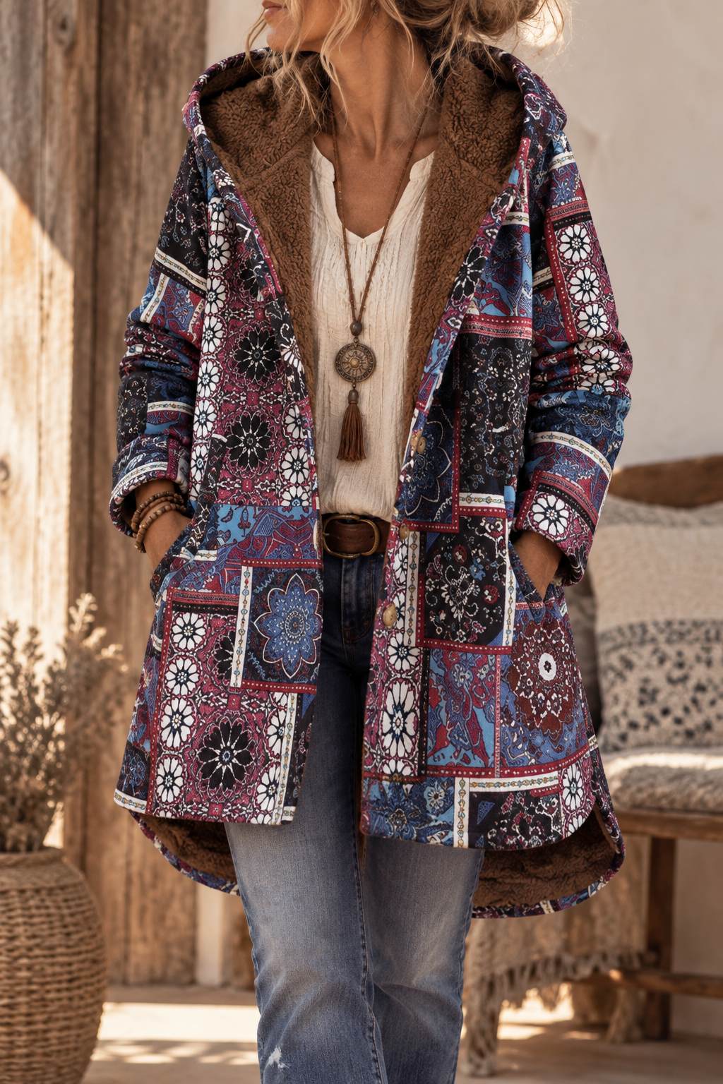 Bohemian Winter Coat with Floral Print & Faux Fur Lining