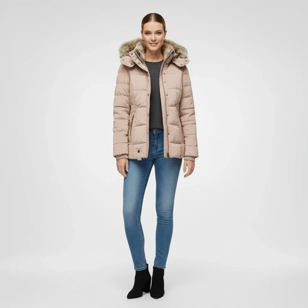 Women's Hooded Quilted Puffer Jacket — Faux Fur Trim 10