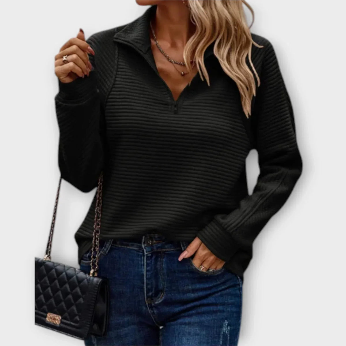 Women's Half-Zip Jumper — Collared V-Neck, Relaxed Fit, Knit Pullover