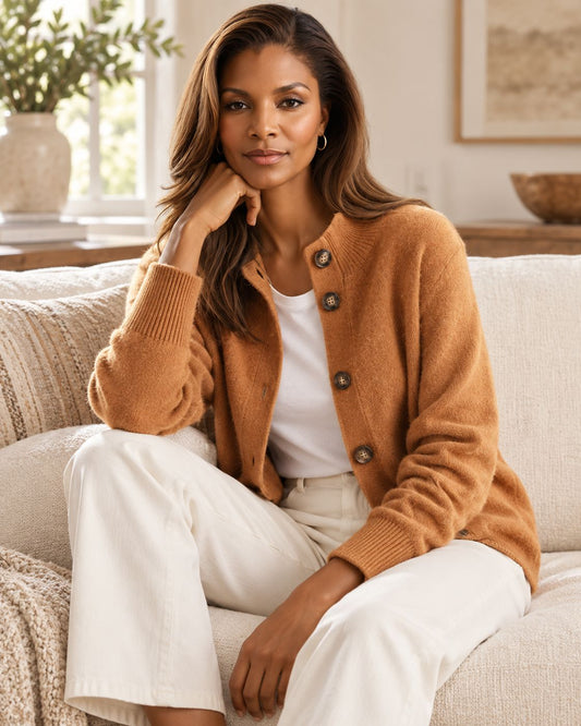 Caramel Sofia button cardigan worn open over a white t-shirt