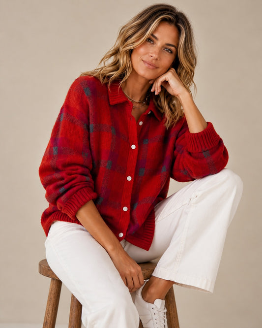 Tesa Plaid Knit Cardigan — Retro Checkered Women's Vest