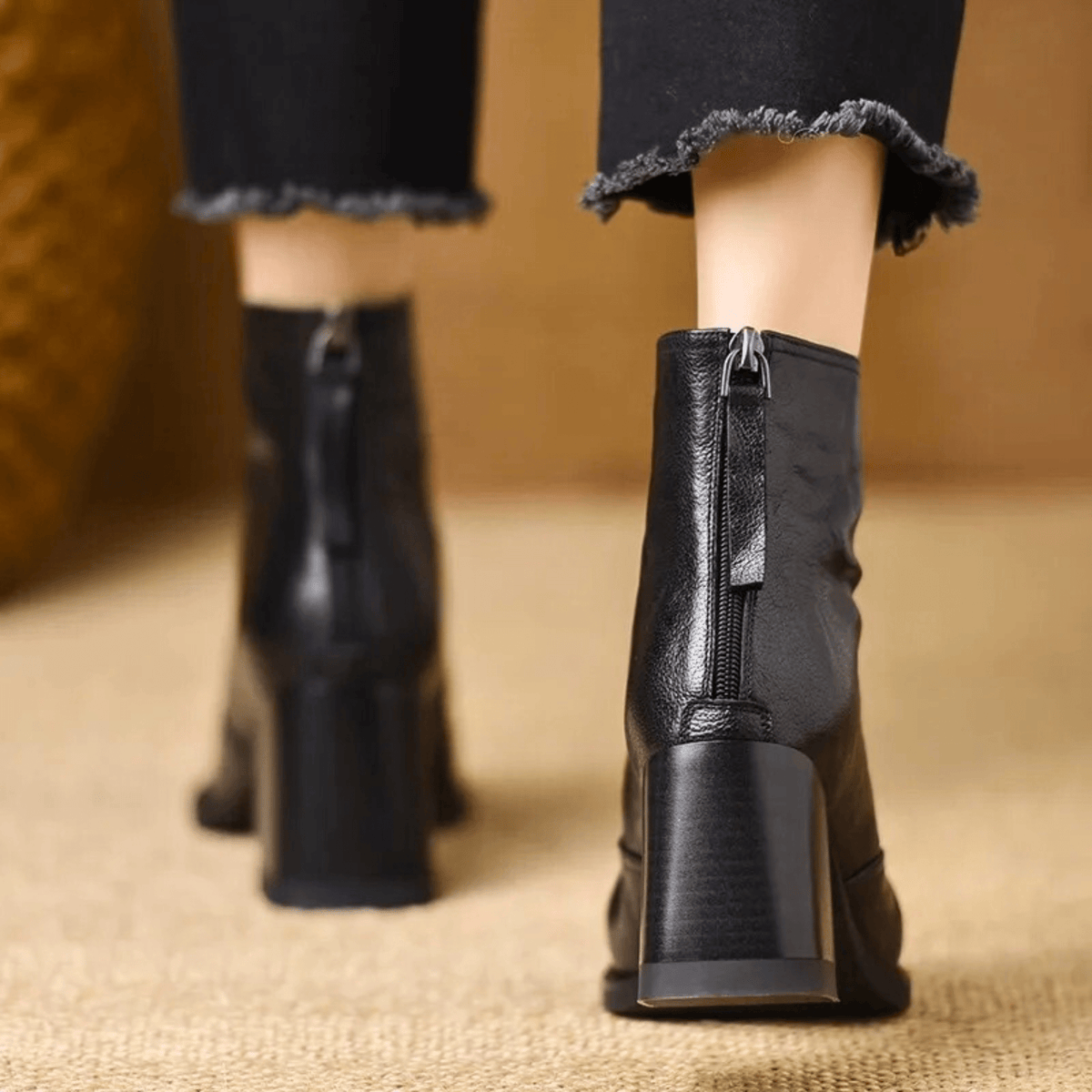 Ovelle Block Heel Leather Ankle Boot — Back-Zip Closure 9