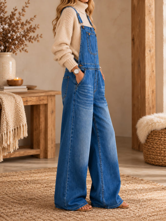 Women's Denim Dungarees Jumpsuit – Wide Leg Bib Overalls