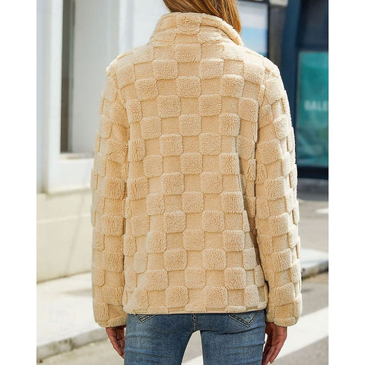 Checkerboard Fleece Jacket with Stand Collar — Relaxed Fit 2