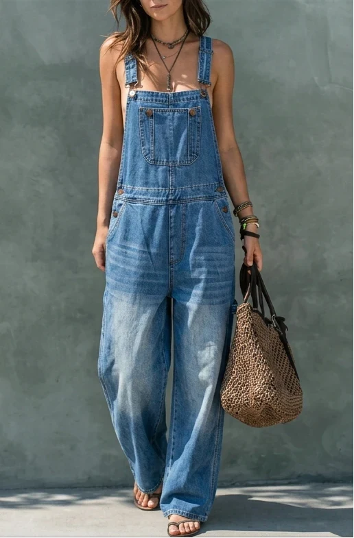 Wide Leg Denim Bib Overalls Jumpsuit — Women's Casual Fit 2