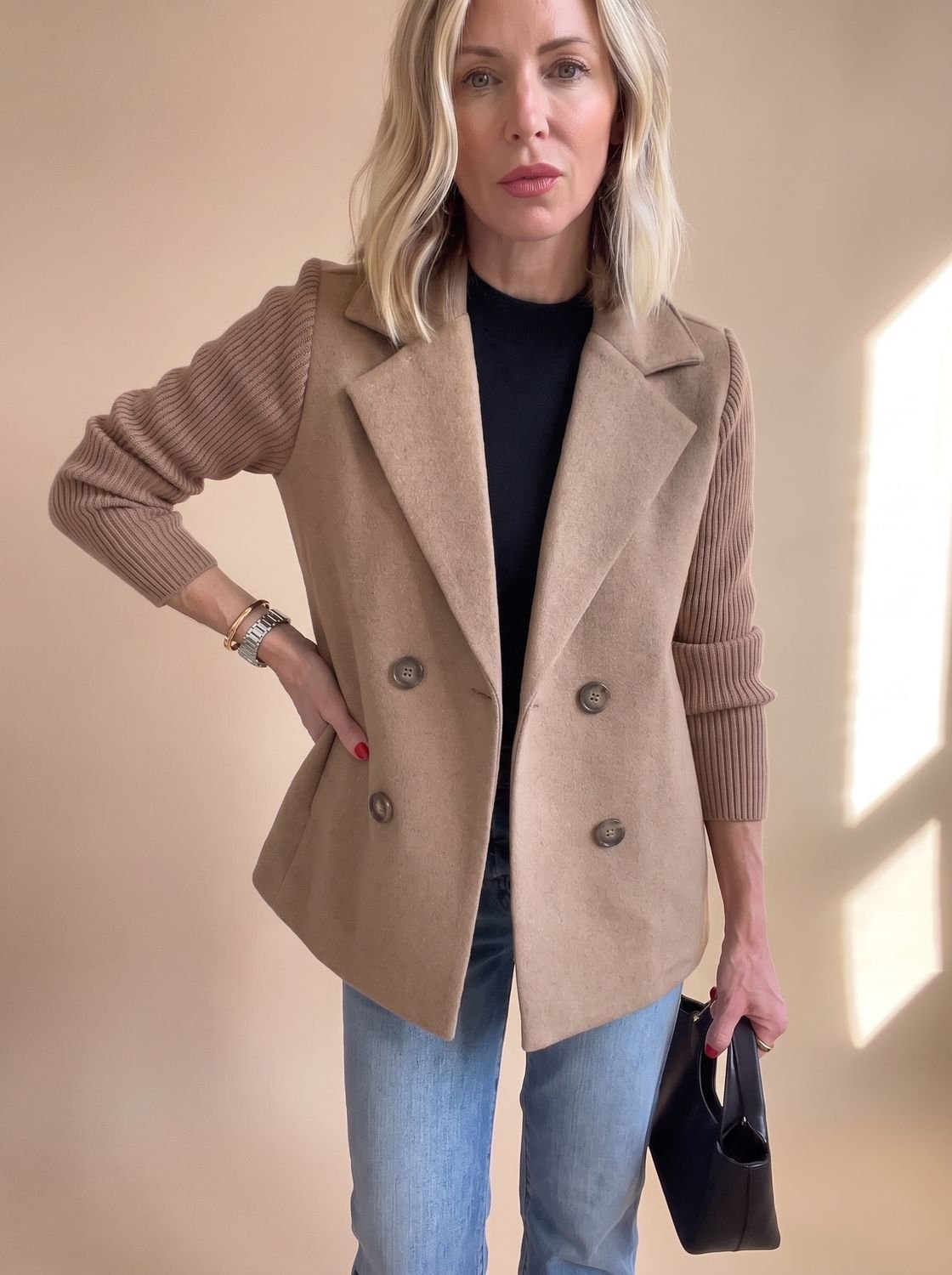 Women's Double-Breasted Knit-Sleeve Fitted Blazer XS-3XL 12