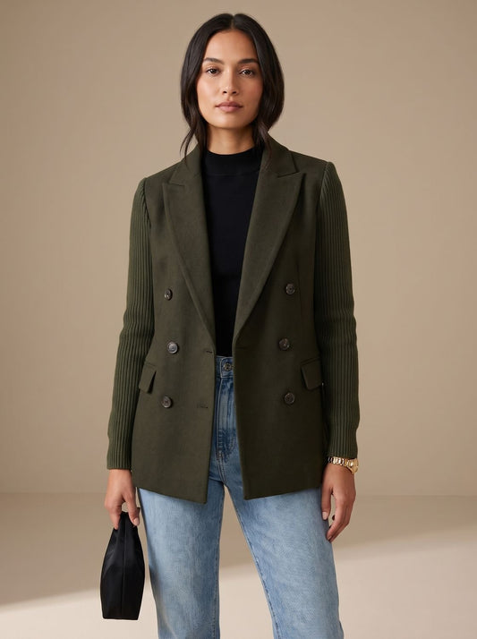 Women's Double-Breasted Knit-Sleeve Fitted Blazer XS-3XL 2