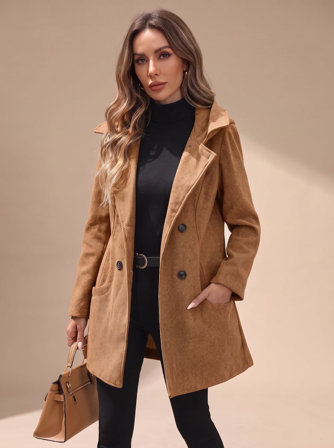 Women's Double-Breasted Wool-Blend Coat — Lapel & Pockets 9