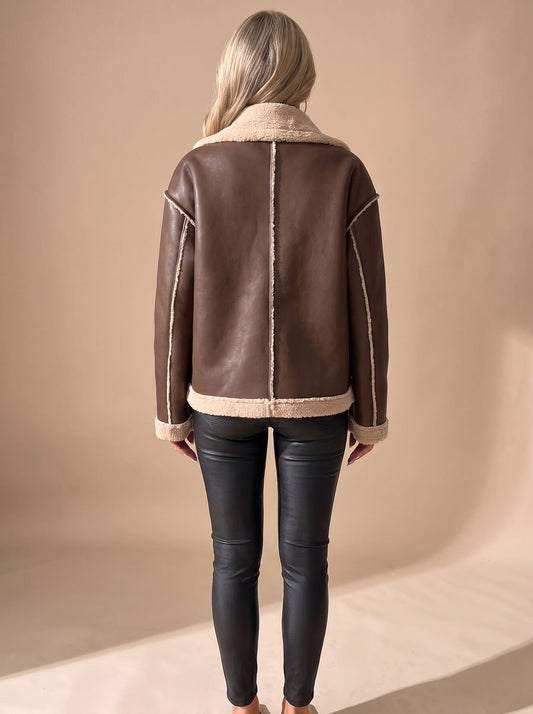 Women's Faux Leather Sherpa-Lined Aviator Jacket — Warm 2