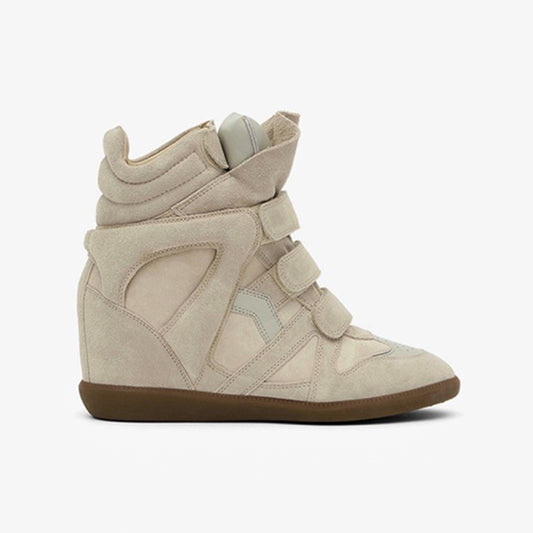 Women's hidden wedge high-top sneakers in beige suede look — side view