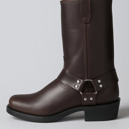 Women's Leather Harness Buckle Mid-Calf Cowboy Boots 2