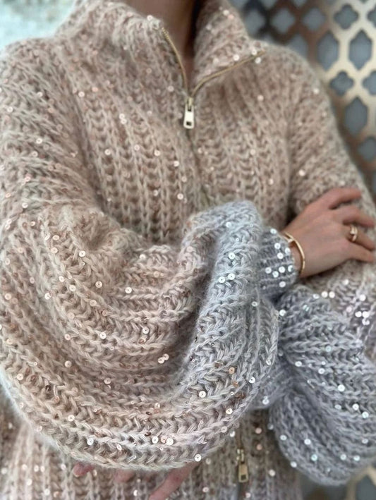 Women's Oversized Sequin Zip-Neck Chunky Knit Cardigan 2