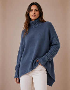DECERLE ribbed knit turtleneck sweater in ocean blue