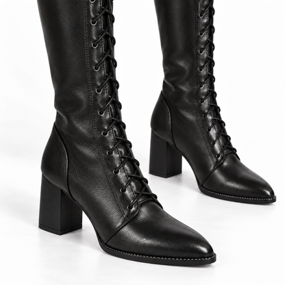 Women's Knee-High Lace-Up Boots — Faux Leather Block Heel 4