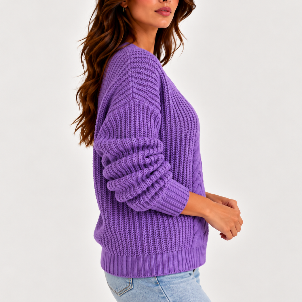 Cable Knit V-Neck Sweater — Women's Long Sleeve Knit Jumper 2