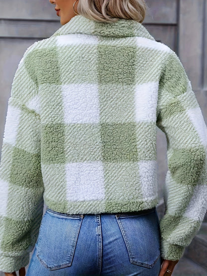 Cropped Teddy Fleece Shacket — Bold Check Pattern 2