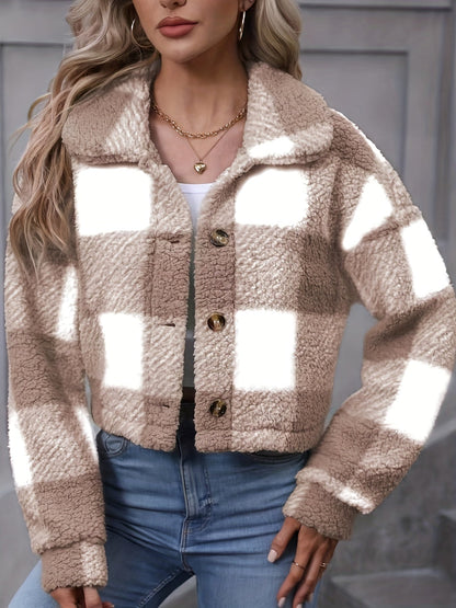 Cropped Teddy Fleece Shacket — Bold Check Pattern 4