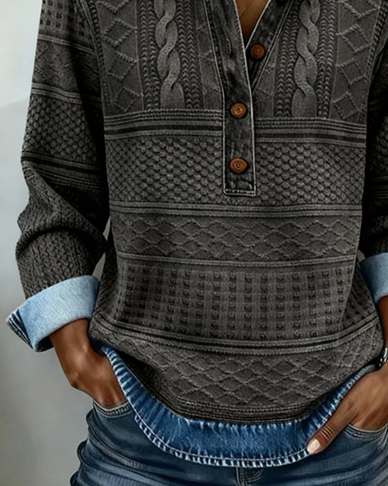 Jillian Structured Denim Sweater — Knit Texture Button Collar 6