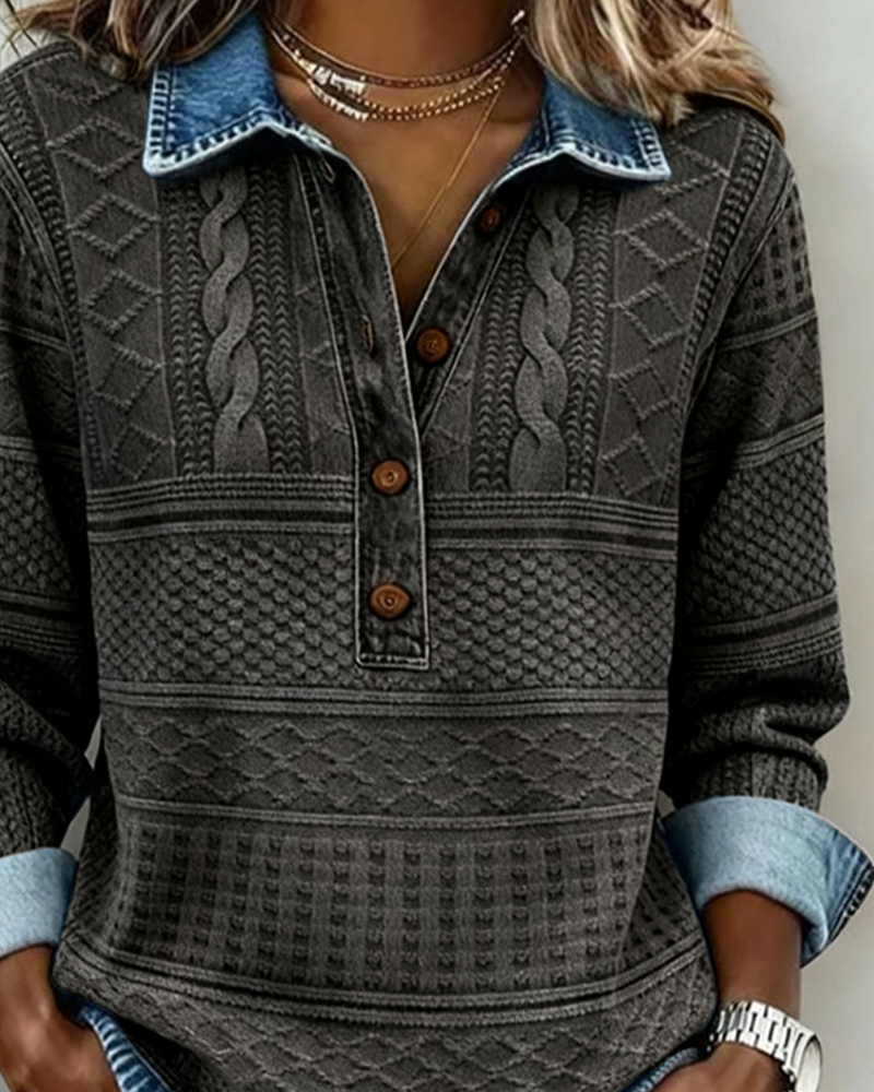 Jillian Structured Denim Sweater — Knit Texture Button Collar 7