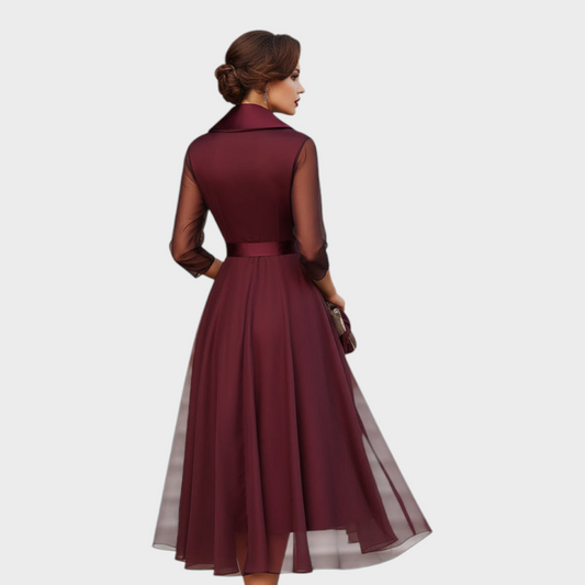 Burgundy Midi Cocktail Dress — Mesh Sleeves & Waist Belt 2
