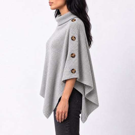 Women's Knitted Turtleneck Poncho — Buttons & Asymmetric Hem 2
