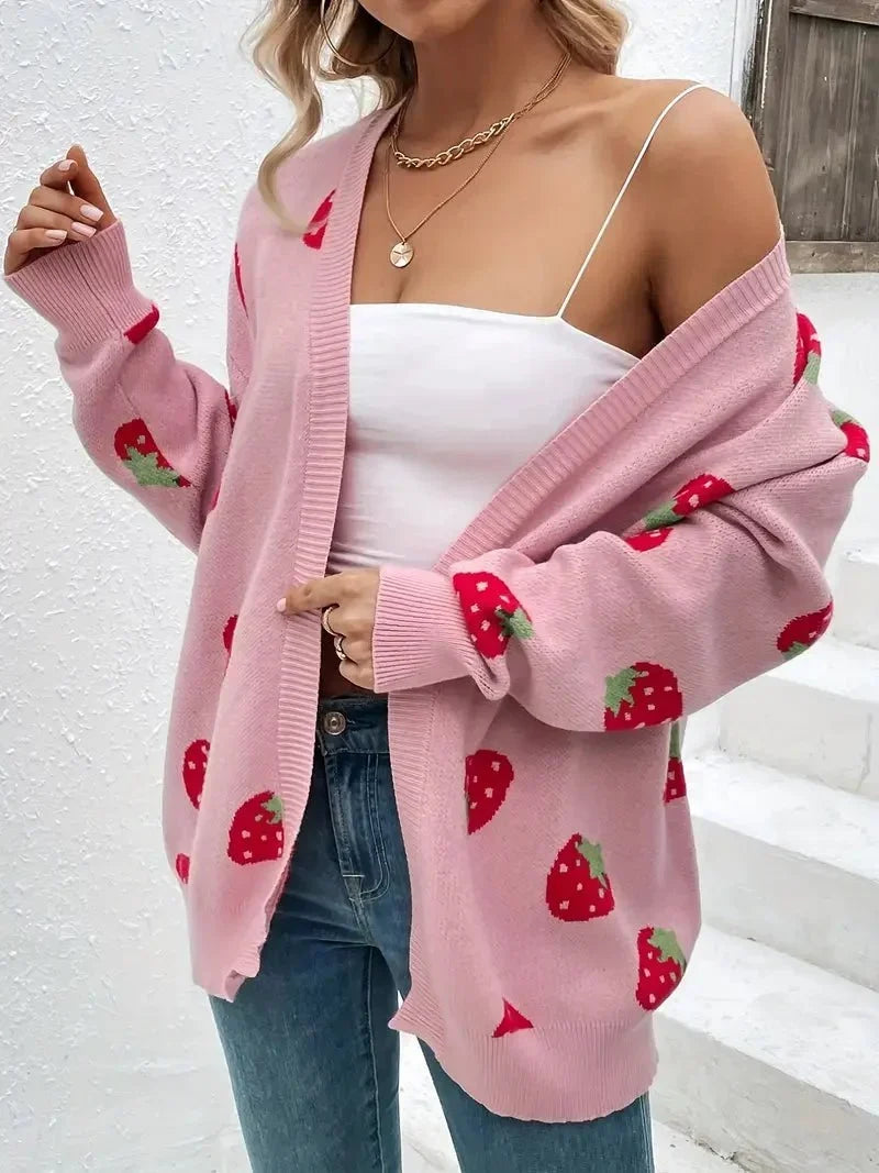 Strawberry Motif Knit Cardigan — Oversized Button Front 4