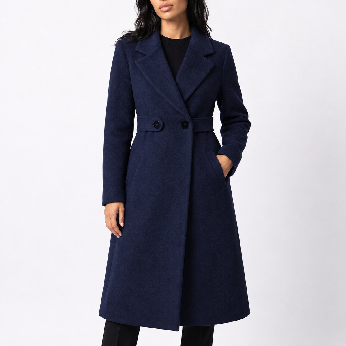 Women's Long Belted Wool-Look Winter Coat — Wide Lapels 1