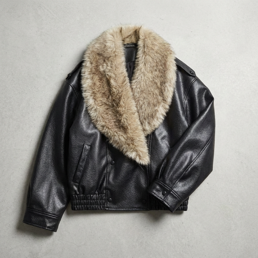 Marbella Faux Leather Jacket — Oversized Fur Collar Coat 2