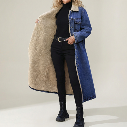 Shearling Denim Coat — Longline Tailored Winter Jacket 3