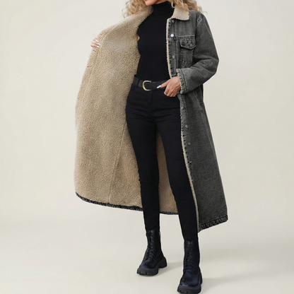 Shearling Denim Coat — Longline Tailored Winter Jacket 5