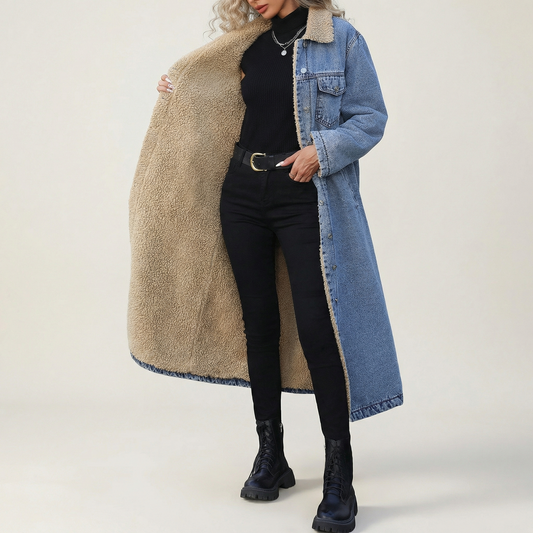 Shearling Denim Coat — Longline Tailored Winter Jacket 2