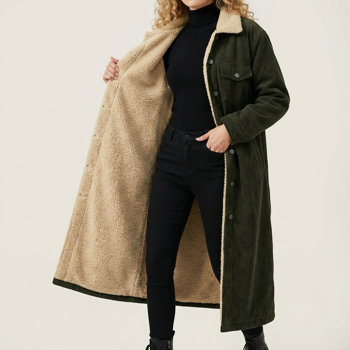 Shearling Denim Coat — Longline Tailored Winter Jacket 4
