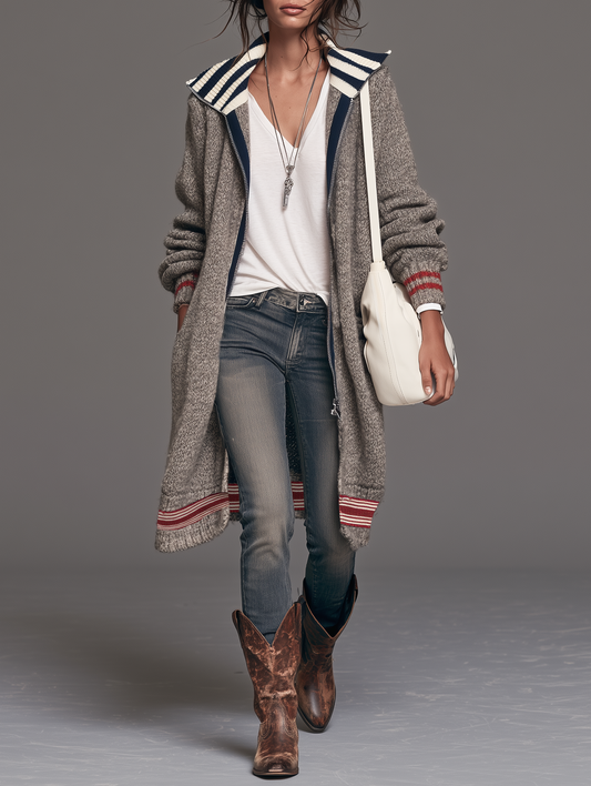 Women's Vintage Colour-Block Zip-Up Mid-Length Cardigan 1