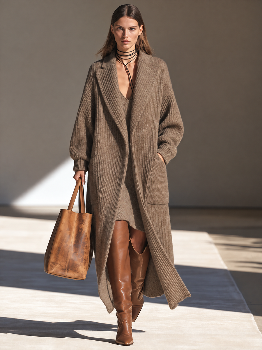 Women's Longline Wool-Knit Coat — Chunky Rib Open Front 4