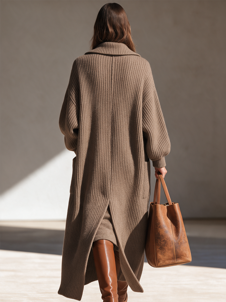Women's Longline Wool-Knit Coat — Chunky Rib Open Front 3