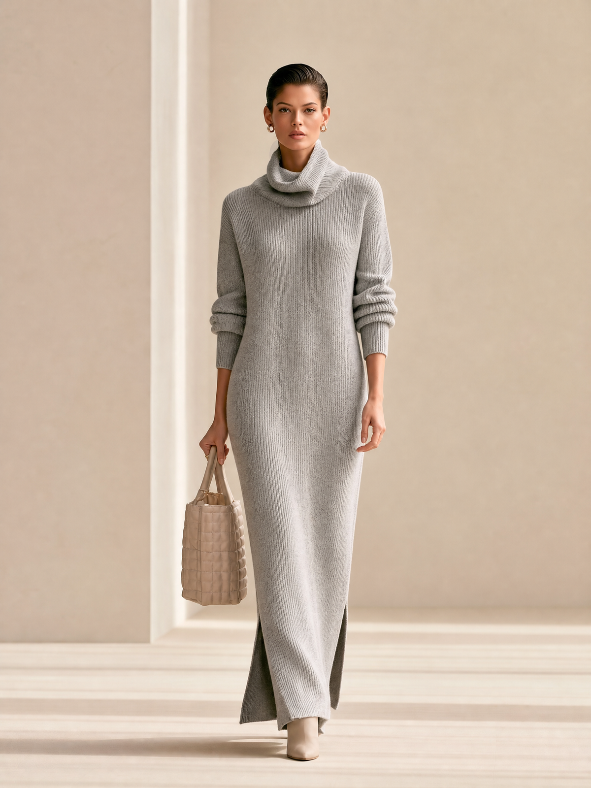 Ribbed Knit Turtleneck Maxi Dress — Slim Fit Side Slit 6